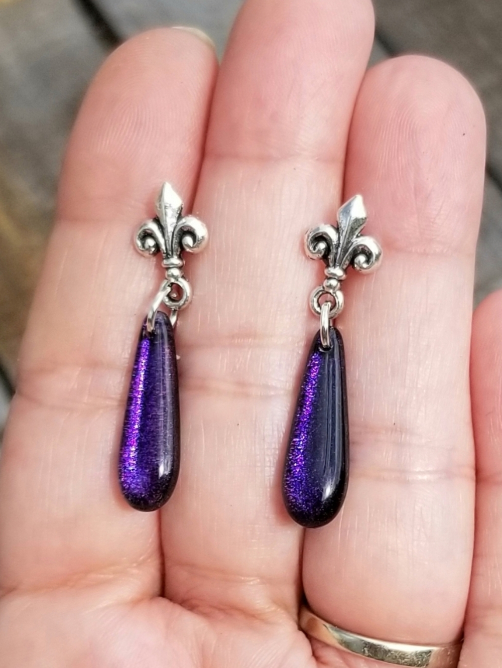 Purple Glass Teardrop Fleur de Lis Stud Earrings, Fleur de Lis Dangle Earrings